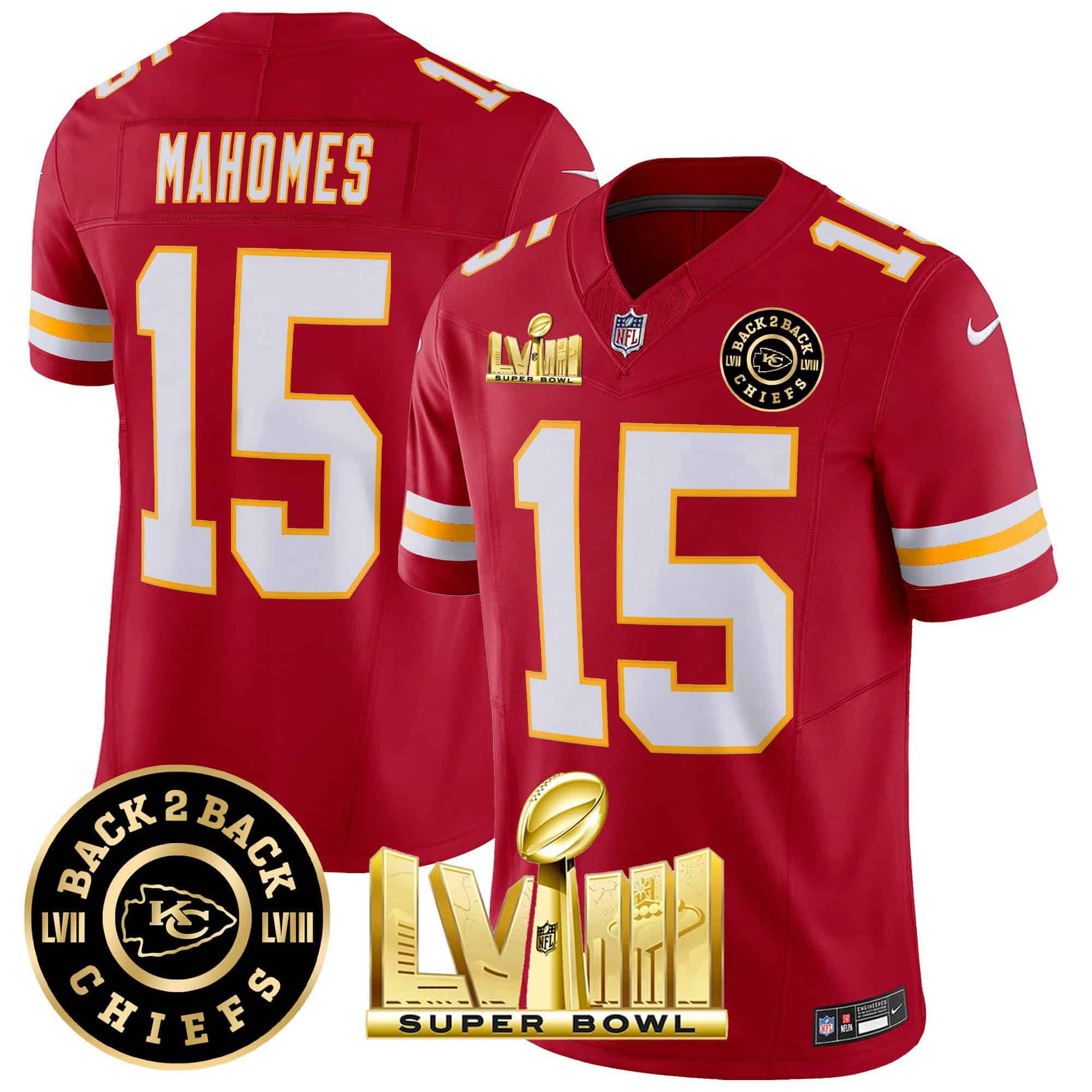 Men Kansas City Chiefs #15 Mahomes Red 2024 Nike Super Bowl LVIII & Back-2-Back Patch Vapor NFL Jersey style 3